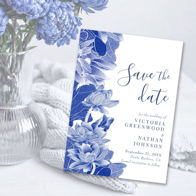 Blue White Lotus Floral Chinoiserie Save the Date (Creator Uploaded)