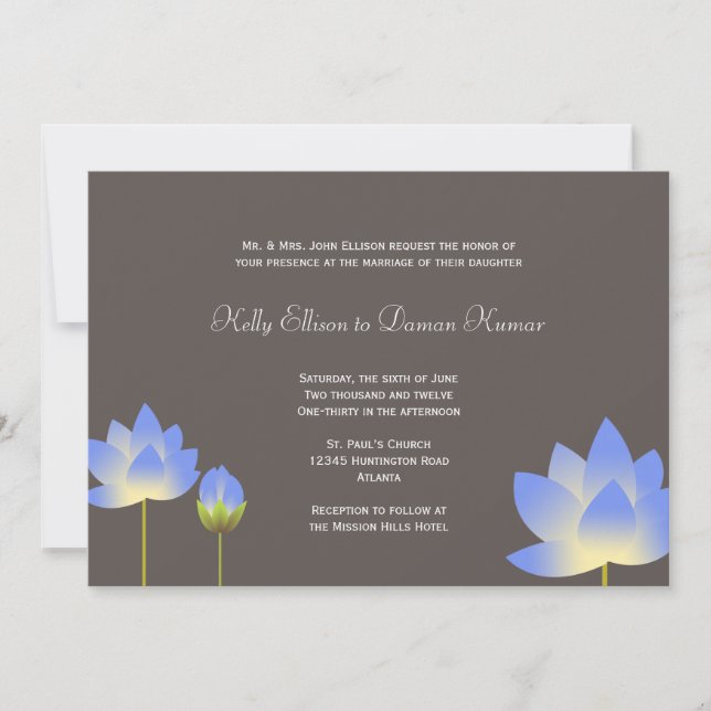 Blue white lotus flowers modern slate grey wedding invitation (Front)
