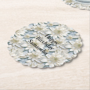 Blue White Lotus Flowers Paper Coaster