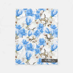 Blue & White Magnolia Blossom Watercolor Pattern Fleece Blanket