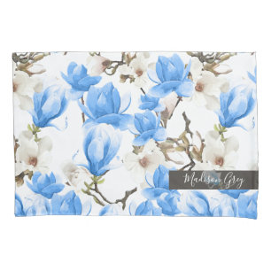 Blue & White Magnolia Blossom Watercolor Pattern Pillowcase