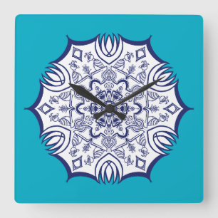Blue & White Mandel With Creatures Thermal Tumble Square Wall Clock