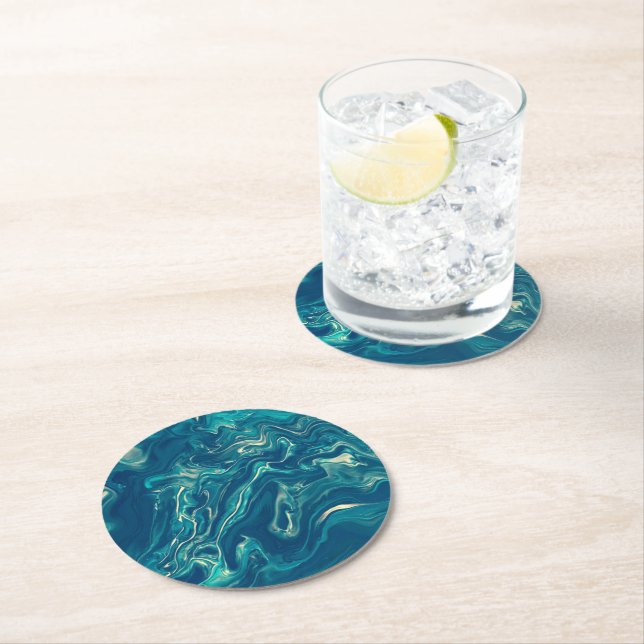 Blue & White Marble Acrylic Abstraction  Round Paper Coaster (Insitu)