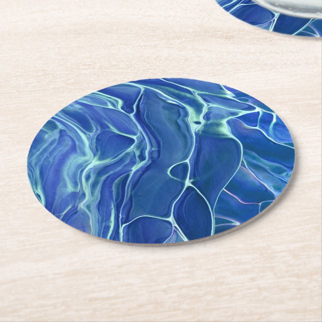 Blue & White Marble Acrylic Abstraction Round Paper Coaster (Angled)