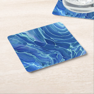 Blue & White Marble Acrylic Abstraction Square Paper Coaster