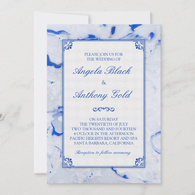 Blue White Marble Marbled Wedding Invitation (Front)