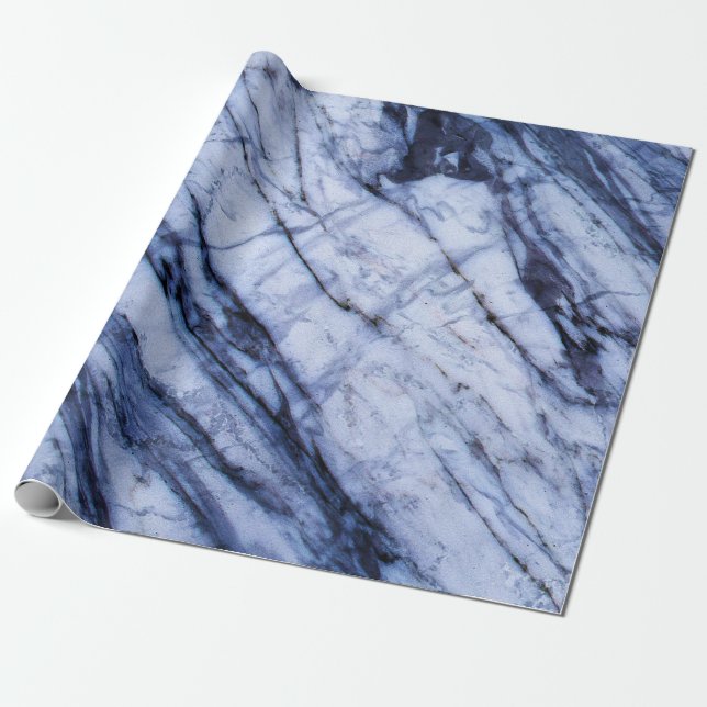 Blue & White Marble Swirl Modern Chic Party Wrapping Paper (Unrolled)