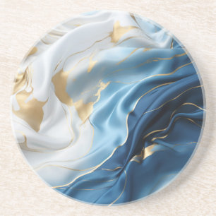 Blue White Marble with Gold Silk Look Coaster