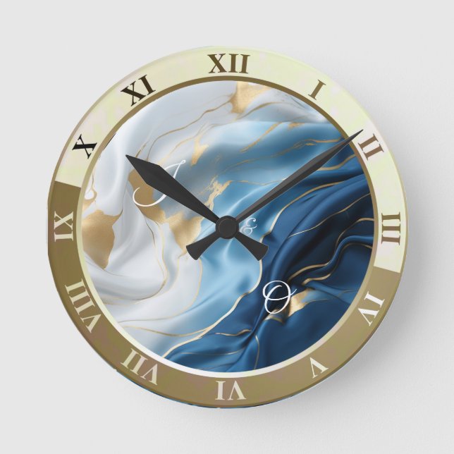 Blue White Marble with Gold Silk Look Round Clock (Front)
