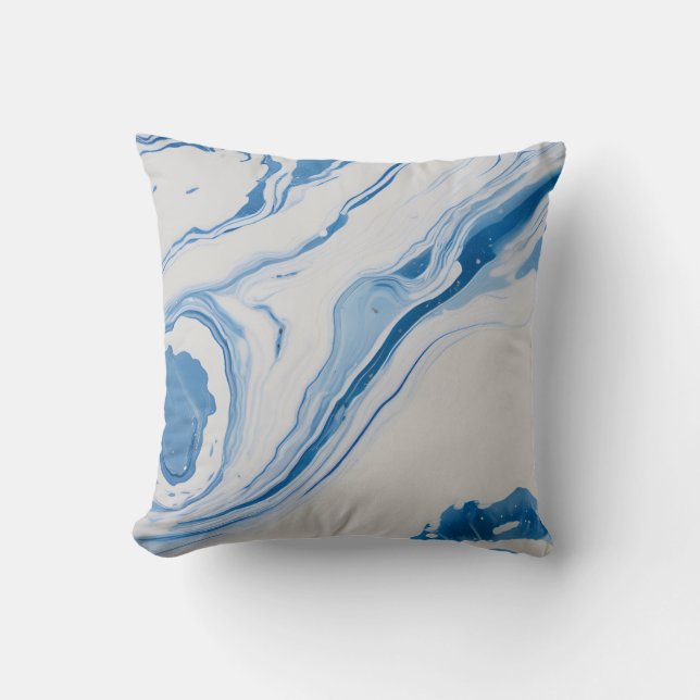 Blue & White Marbling – Fluid Abstract Art Cushion (Front)