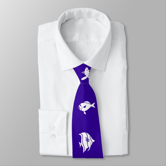 Blue White Marine Fishes Tie (Tied)