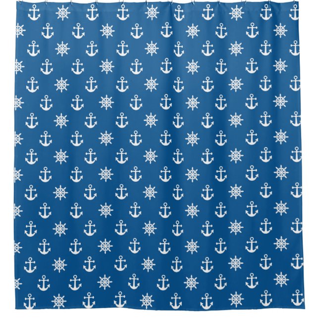 Blue White Marine Nautical Anchor Ships wheel Shower Curtain (Front)