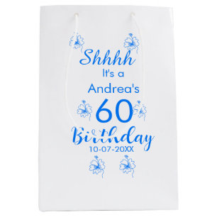 Blue white mauve shhhh 60th birthday floral name medium gift bag