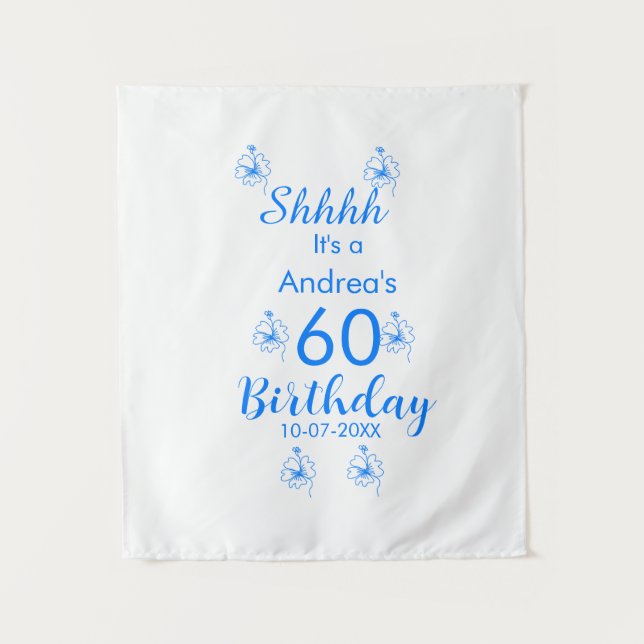 Blue white mauve shhhh 60th birthday floral name tapestry (Front)