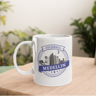 Blue White Medellin Colombia Cityscape Logo Coffee Mug