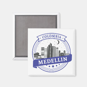 Blue White Medellin Colombia Cityscape Logo Magnet