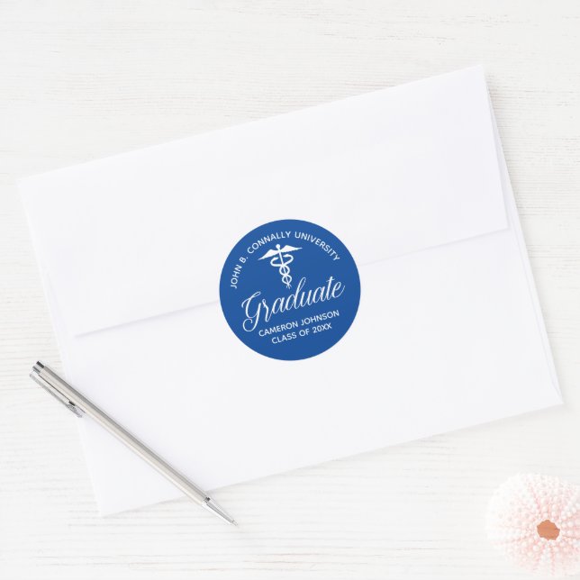Blue White Medical School Graduation Party Classic Round Sticker (Envelope)