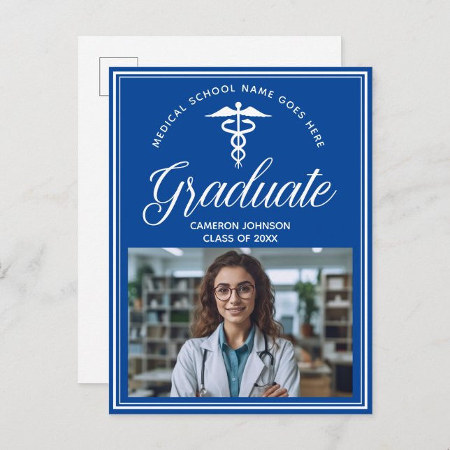 Blue White Medical School Photo Graduation Announcement Postcard (Front/Back)