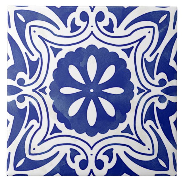 Blue White Mediterranean Abstract Floral Ceramic Tile (Front)
