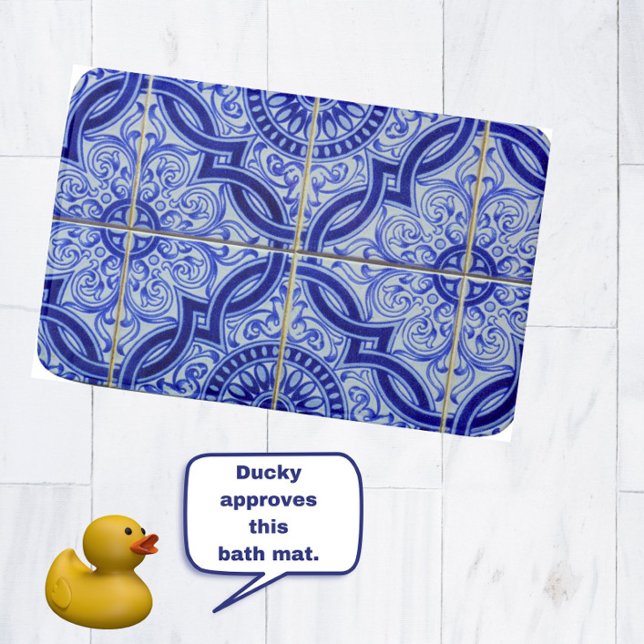Blue + White Mediterranean Azulejo Tile Pattern Bath Mat (An elegant, blue + white Mediterranean tile pattern bathmat. Ducky-approved.)