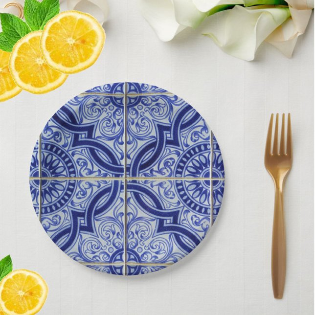 Blue + White Mediterranean Azulejo Tile Pattern Paper Plate (Add a summer fresh touch to your wedding, bridal shower or birthday bbq with these blue plates!)