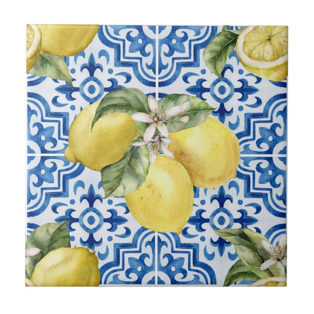 Blue White Mediterranean Lemon Pattern Ceramic Tile (Front)