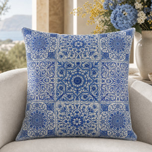 Blue White Mediterranean Tile Botanical Pattern Cushion