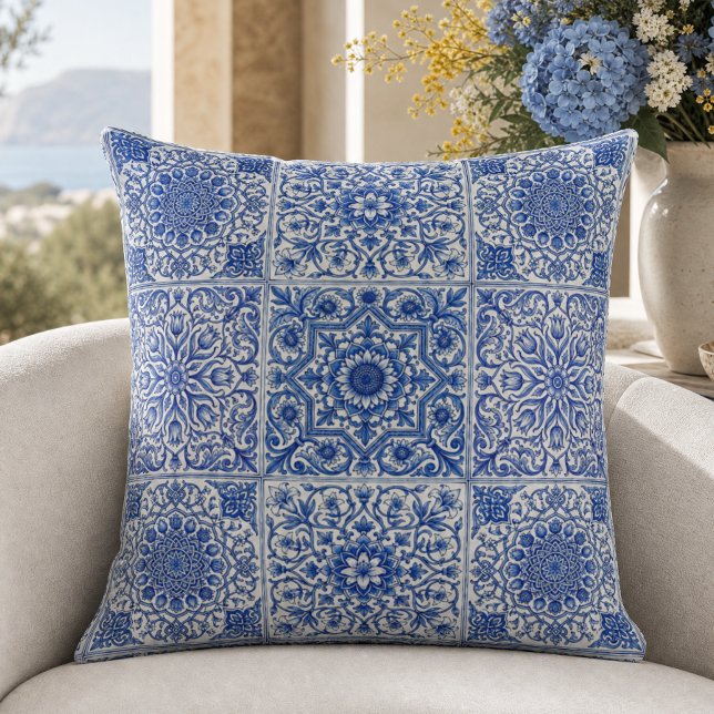 Blue White Mediterranean Tile Botanical Pattern Cushion (Creator Uploaded)
