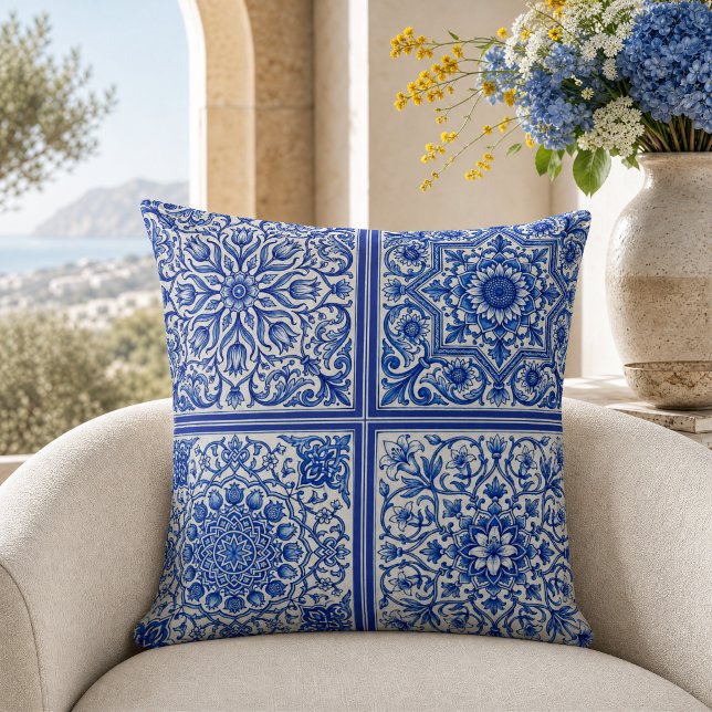 Blue White Mediterranean Tile Botanical Pattern Cushion (Creator Uploaded)