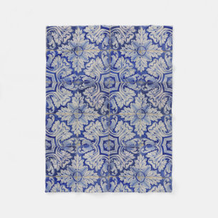Blue & White Mediterranean Vintage Floral Pattern Fleece Blanket