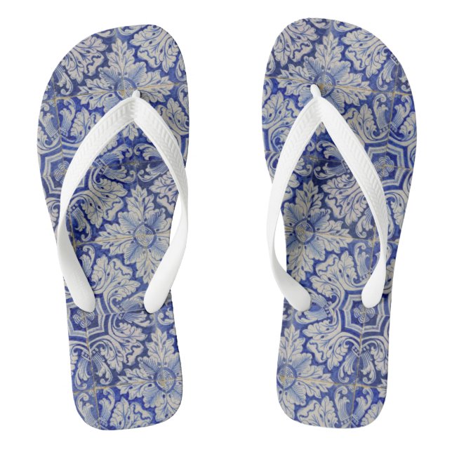 Blue & White Mediterranean Vintage Floral Pattern Thongs (Footbed)