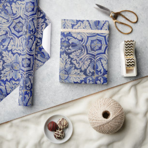 Blue & White Mediterranean Vintage Floral Pattern Wrapping Paper