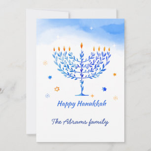 Blue & white Menorah Candles with Hanukkah wishes Thank You Card