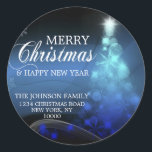 Blue White MERRY CHRISTMAS Tree Return Address Classic Round Sticker<br><div class="desc">Add these modern & personalised BLUE white Christmas holiday and happy new year RETURN ADDRESS stickers to your greeting cards,  envelopes .  Christmas tree in blue  white twinkling lights. Editable text - colour,  font and size.</div>