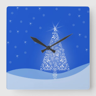 Blue White Merry Christmas Tree Stars Night Light Square Wall Clock
