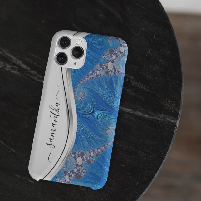 Blue White Metallic Handwritten Monogram Case-Mate iPhone Case (Creator Uploaded)