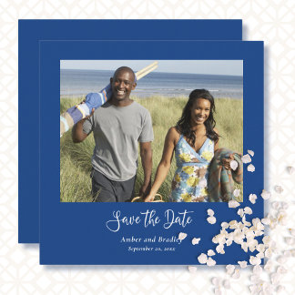 Blue White Minimal Photo QR Code Save the Date  Invitation