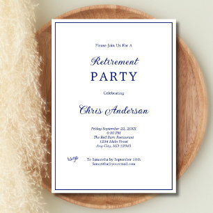 Blue White Minimal Simple Modern Retirement Party Invitation