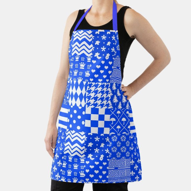 Blue White Mixed Patterns Patchwork Design  Apron (Creator Uploaded)