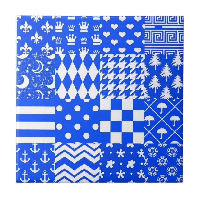 Blue White Mixed Patterns Patchwork Design  Ceramic Tile (Front)