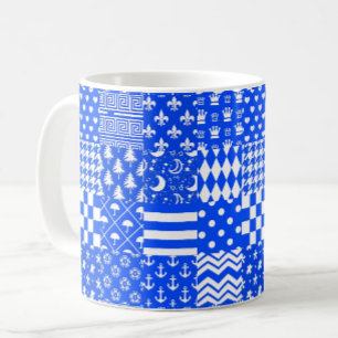 Blue White Mixed Patterns Patchwork Design Coffee Mug
