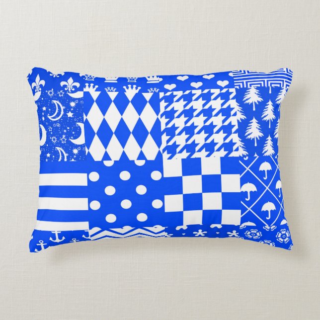 Blue White Mixed Patterns Patchwork Design  Decorative Cushion (Front)