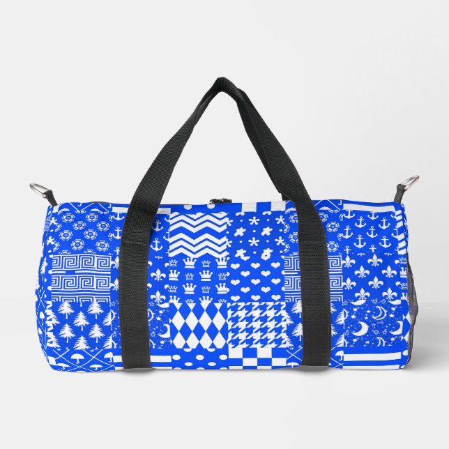 Blue White Mixed Patterns Patchwork Design  Duffle Bag (Front)