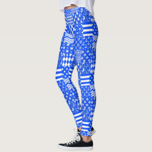 Blue White Mixed Patterns Patchwork Design Leggings