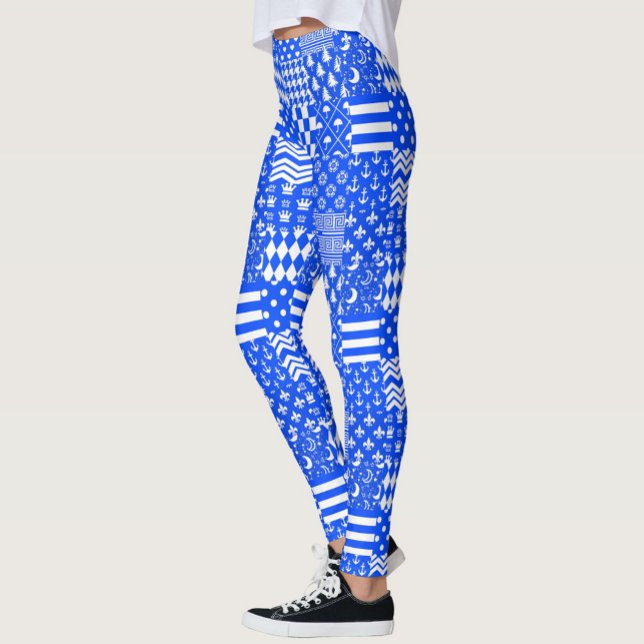 Blue White Mixed Patterns Patchwork Design  Leggings (Creator Uploaded)