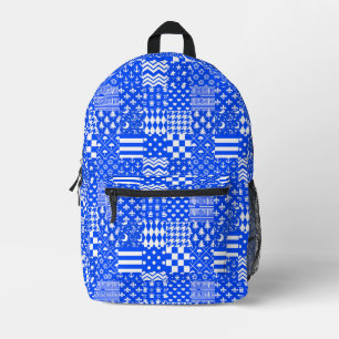 Blue White Mixed Patterns Patchwork Design Printed Backpack