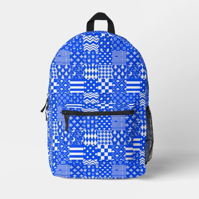 Blue White Mixed Patterns Patchwork Design  Printed Backpack (Front)