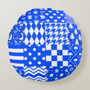 Blue White Mixed Patterns Patchwork Design Round Cushion