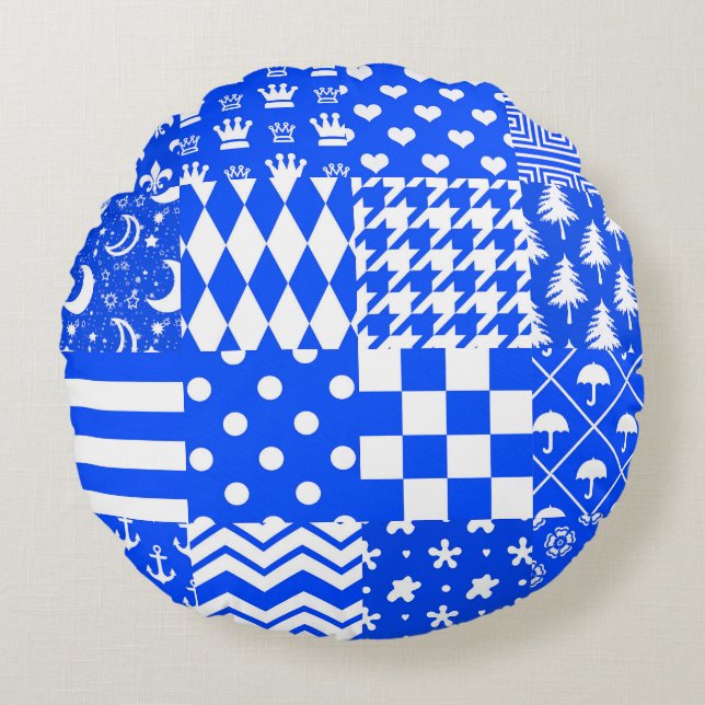 Blue White Mixed Patterns Patchwork Design  Round Cushion (Front)