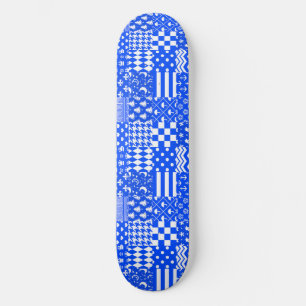Blue White Mixed Patterns Patchwork Design Skateboard